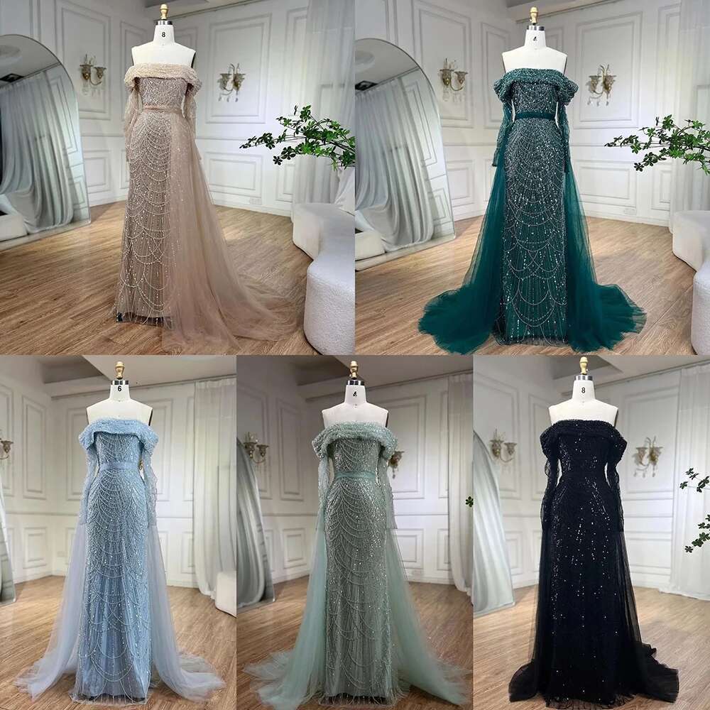 Arabia Dubai Nude Mermaid Boat Neck With Overskirt Evening Dresses Gown Customize Evening Party
