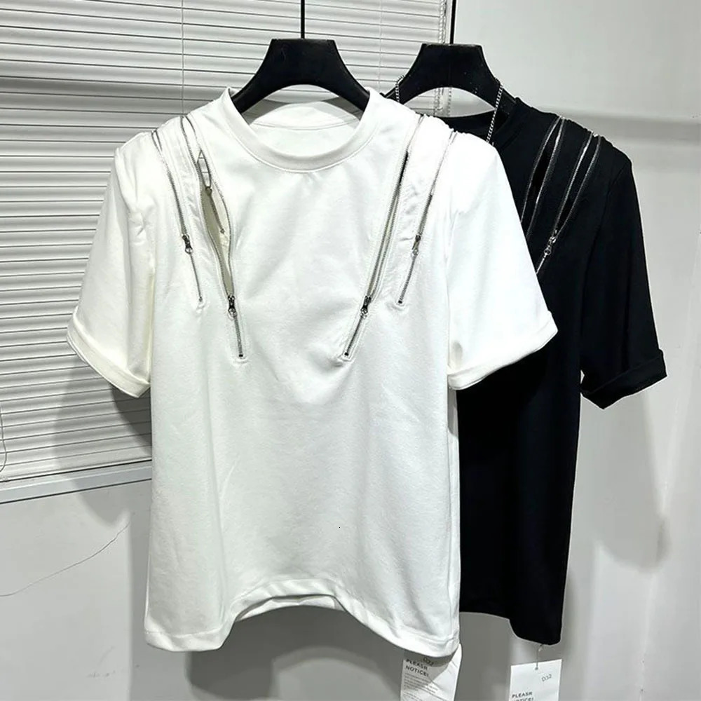 Mens Irregular Zipper Splicing T-Shirt Genderless Fashion Personality Casual Versatile Short-Sleeved Top For Men 250217
