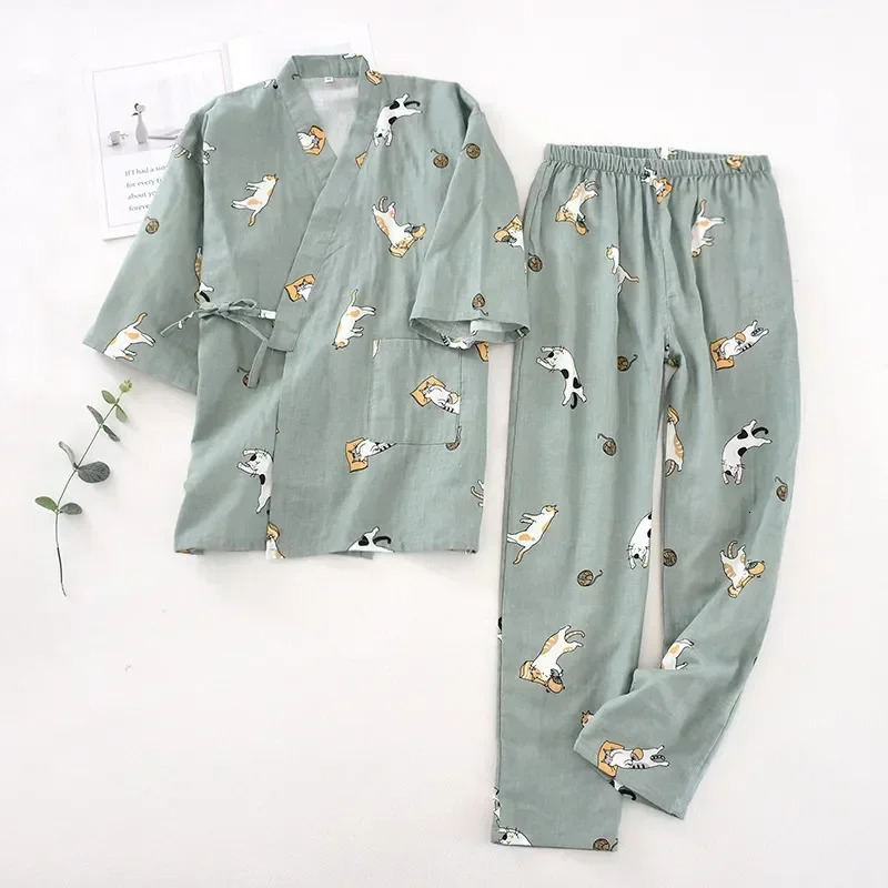 seven-sleeve Japanese-style kimono pajamas set female spring and autumn 100% cotton gauze home clothes cute sweet two-p 250214