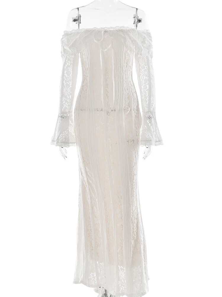 Basic Casual Dresses Fantoye Sexy Off Shoulder Lace Women Maxi Dress White Flare Slve Evening Dress Female Autumn Skinny Elegant Party Club Outfits H2