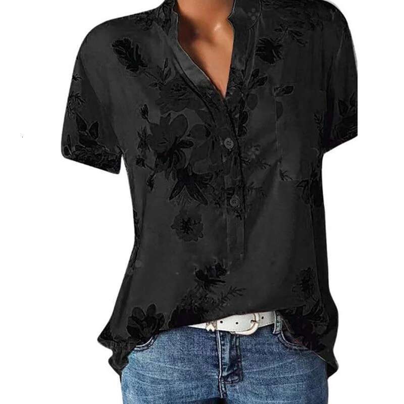 Elegant Women's Printing Large Size Casual Fashion V-Neck Short-Sleeved Shirt Blouse