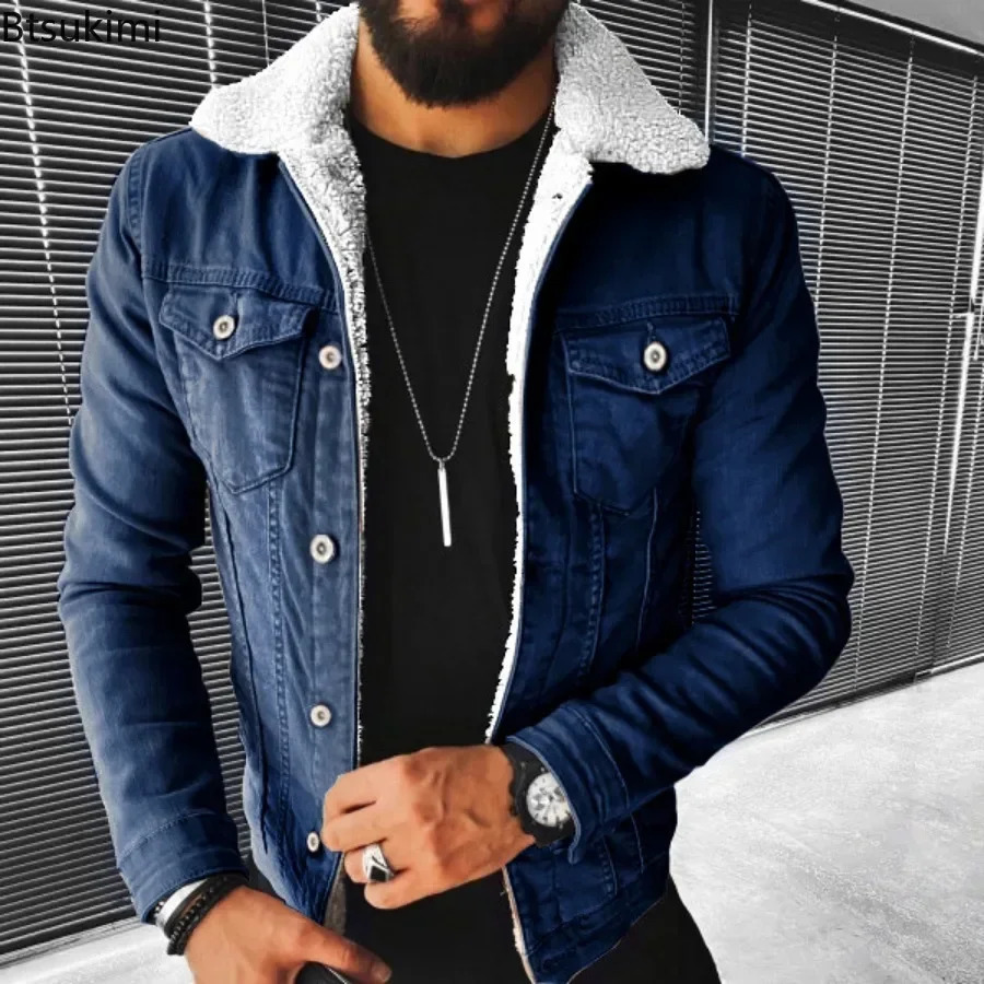 Autumn Winter Mens Lamb Fleece Thickened Warm Denim Coats Plush Lapel Button Long Sleeve Jackets for Men 250214