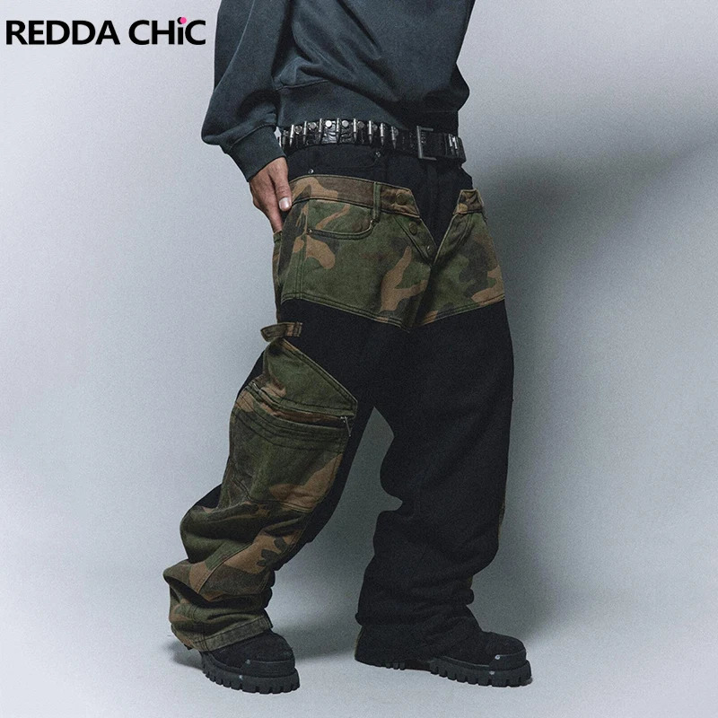 REDDACHIC Vintage Patchwork Camouflage Cargo Jeans Men Contrast Loose High Waist Hiphop Wide Leg Denim Pants Harajuku Streetwear 250217