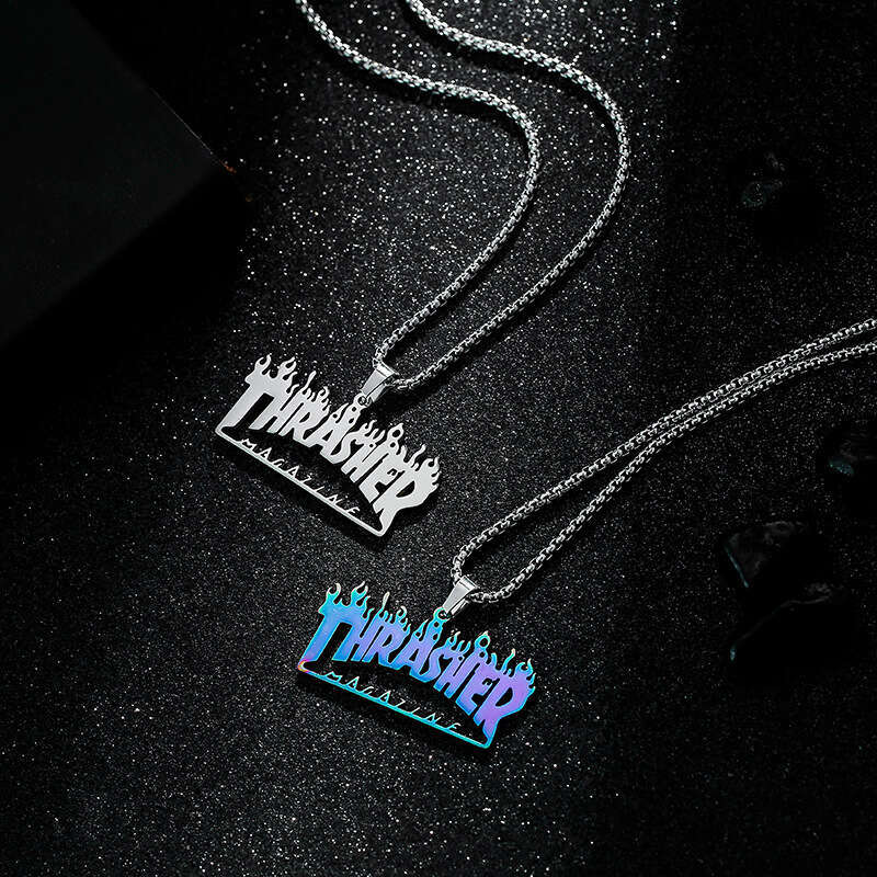 Street hip-hop pendant Thrasher colorful necklace quenched sweater chain titanium steel jewelry trend