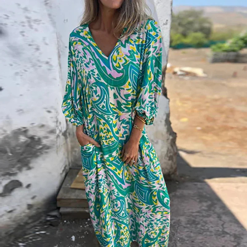 Retro leopard print loose long dress for women in spring elegant V-neck pocket long dress for autumn 3/4 sleeve bohemian holiday dress 250213