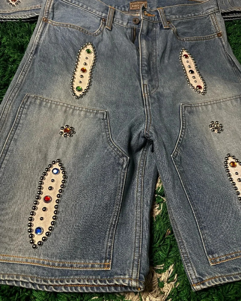 Streetwear Fashion Blue Washed Diamond Baggy Denim Shorts Women Y2K Harajuku Vintage Hip Hop Casual Joker Shorts 250217