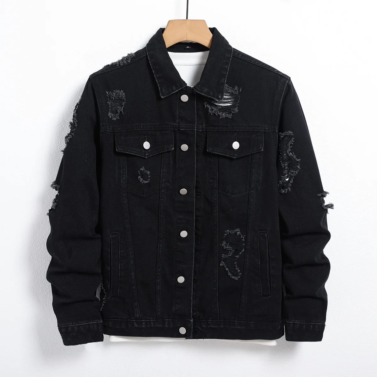Mens Denim Jacket Black Regular Street Fashion with Rips Suitable for Daily Casual Outings 250210