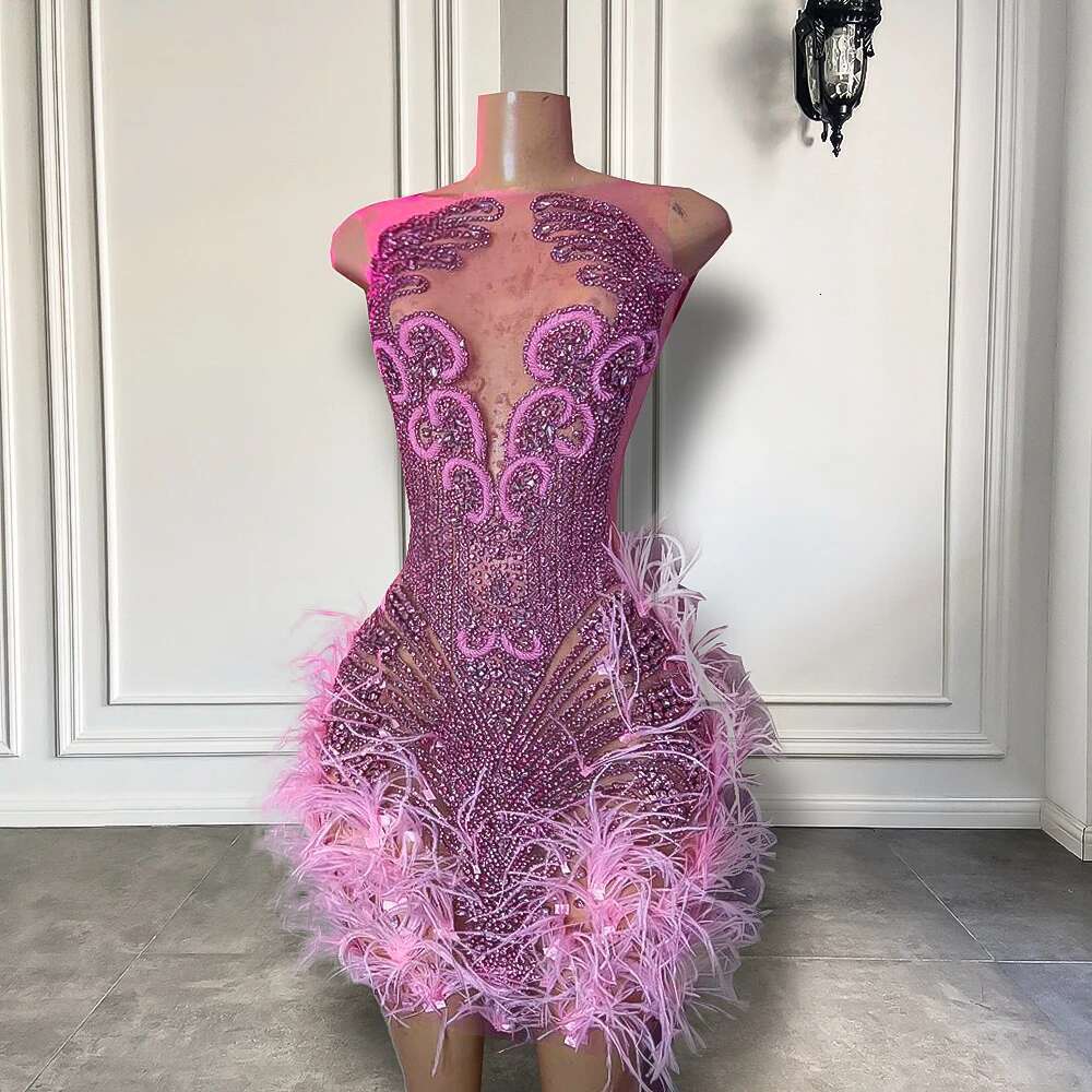 Stunning Sparkly Dia Women Birthday Party tail Gowns Sexy Sheer Pink Feather Mini Short Prom Dresses 2025