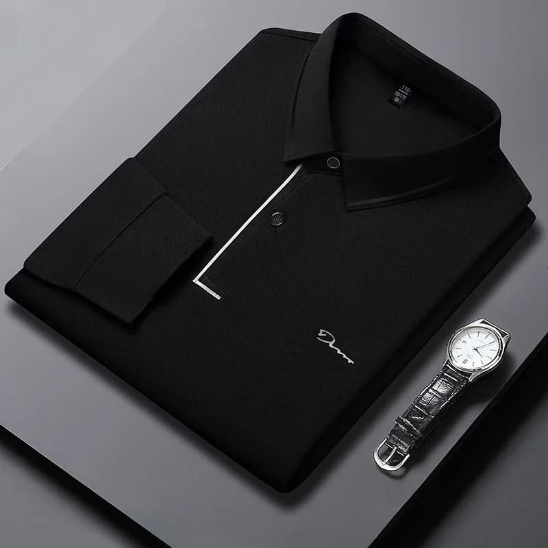 mens business casual long sleeved shirt with badge solid color polo fashionable breathable and comfortable lapel top 250219