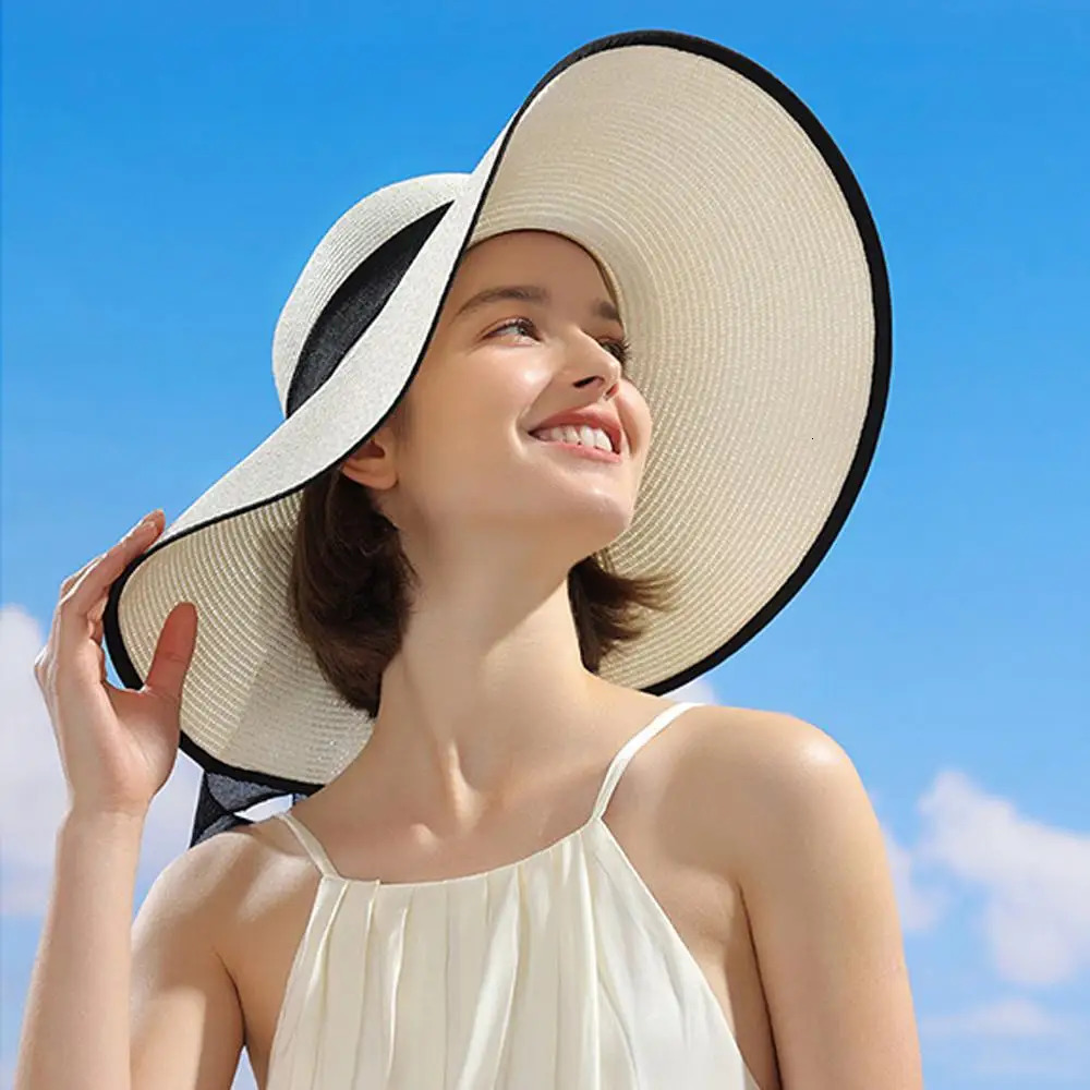 outdoor Seaside woman fashion big Bow large brimmed Sun Protection Cap Foldable Straw Hat 250218