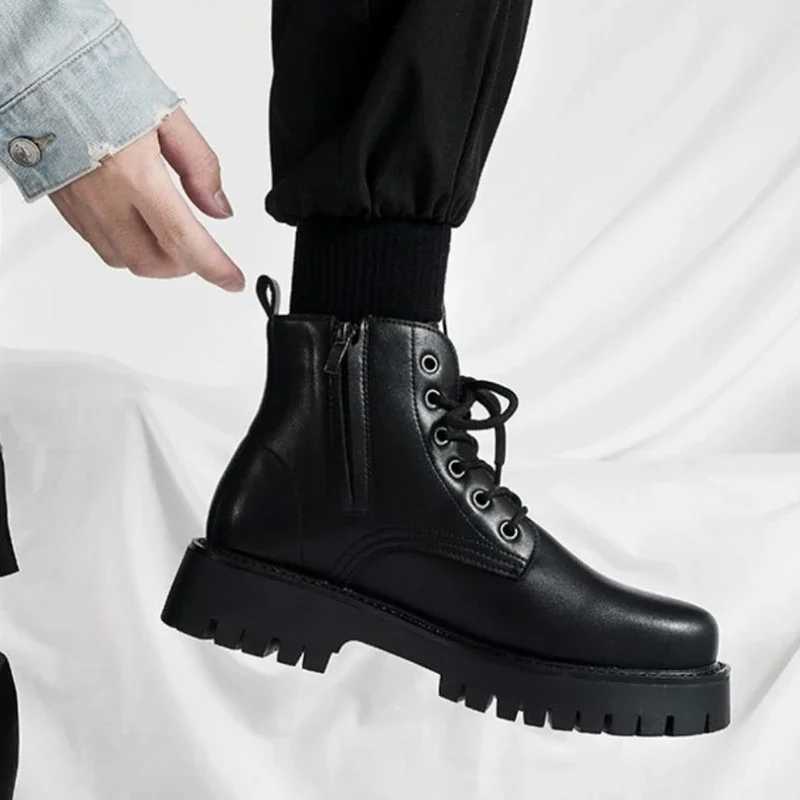 Mens N-slip Leather Boots Waterproof Round Toe Casual Lace-up Footwear Thick Sole Comfortable High Top Shoes Botas HombreXJ250217
