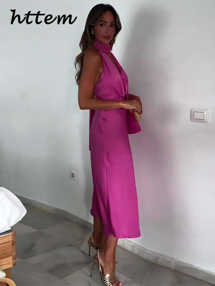 Elegant 3D Wers Halter Party Dress Women Sexy Backless Sleeveless Lace Up Pleated Dresses 2024 Summer Lady Solid Evening Robe