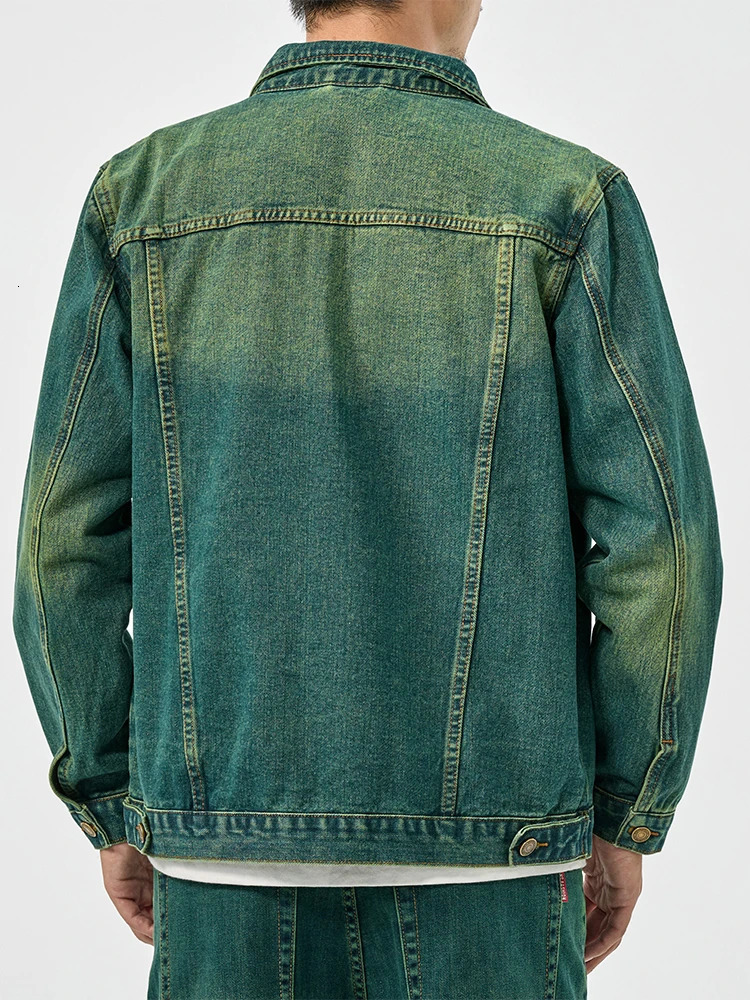 Vintage Loose Green Denim Jacket for Men HighEnd American Casual Wear 250214