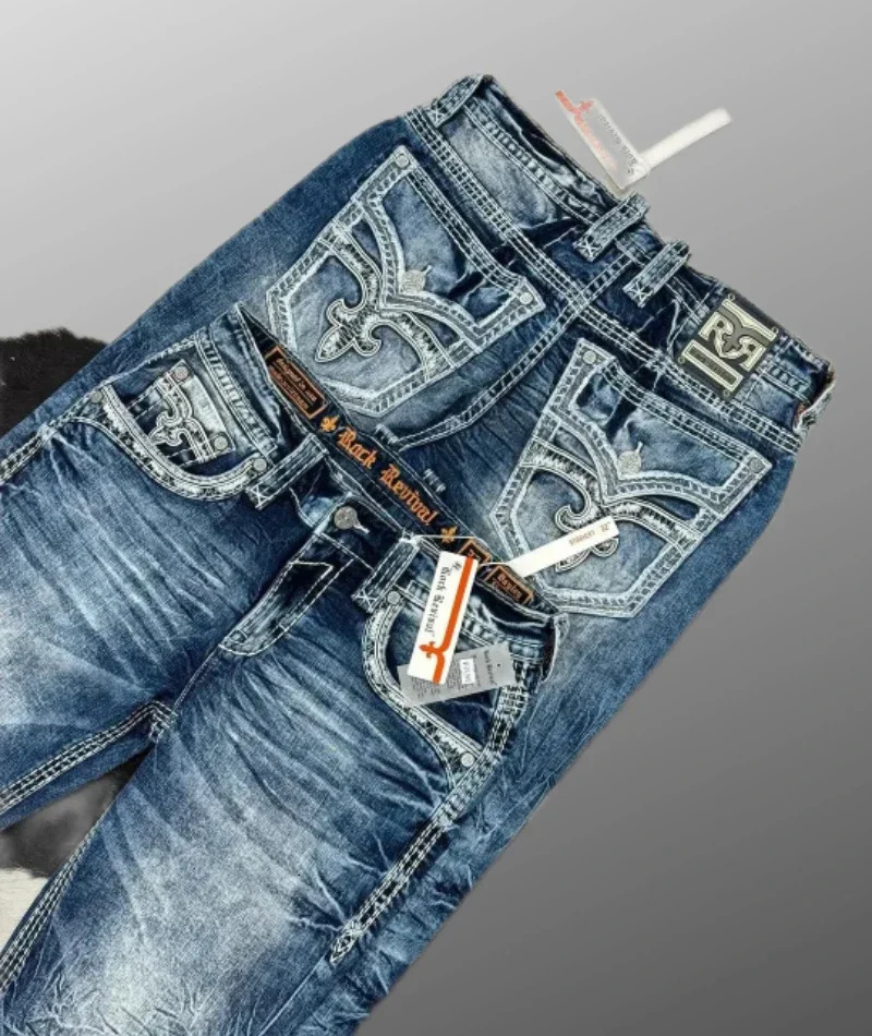 Style Blue Embroidered Cross Pattern Jeans Street Harajuku Casual Hip Hop Men and Women Y2k American Retro Jeans 250217 - view 6