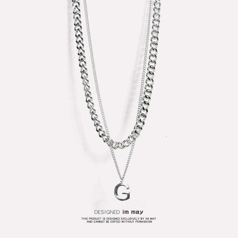 Titanium Steel Personality Letter W Necklace Double layered Layered Sweater Versatile Simple Hip Hop Cuban Chain Korean Edition Men's and Women&#