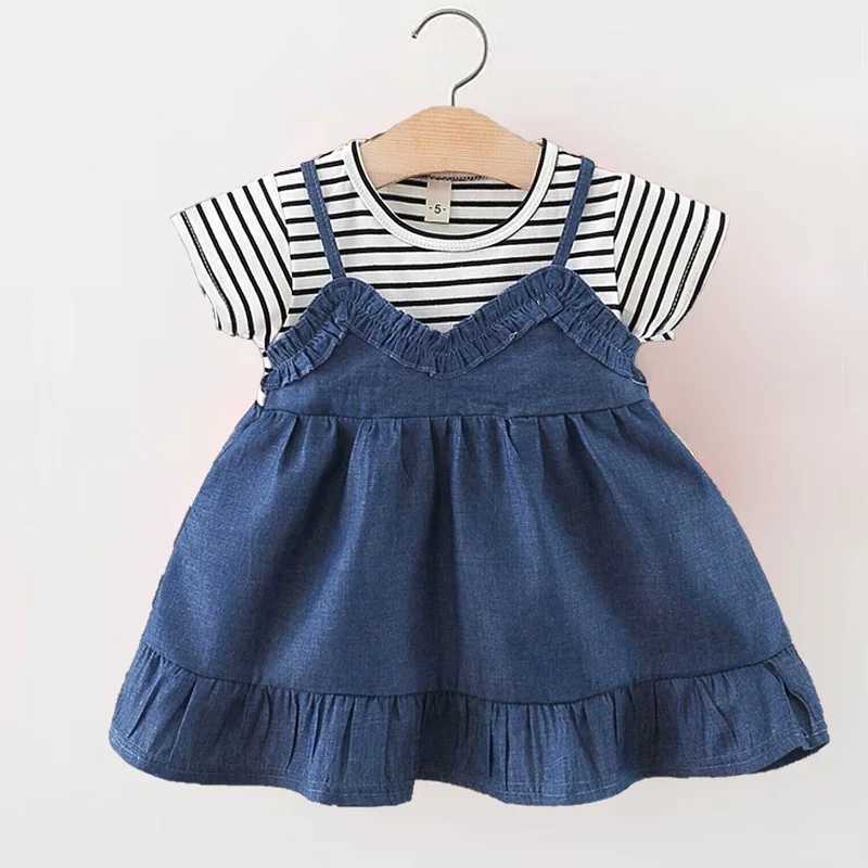 0-3-year-old summer patchwork girl short sleeved T-shirt with suspender dress set solid color striped girl princess skirt W250218