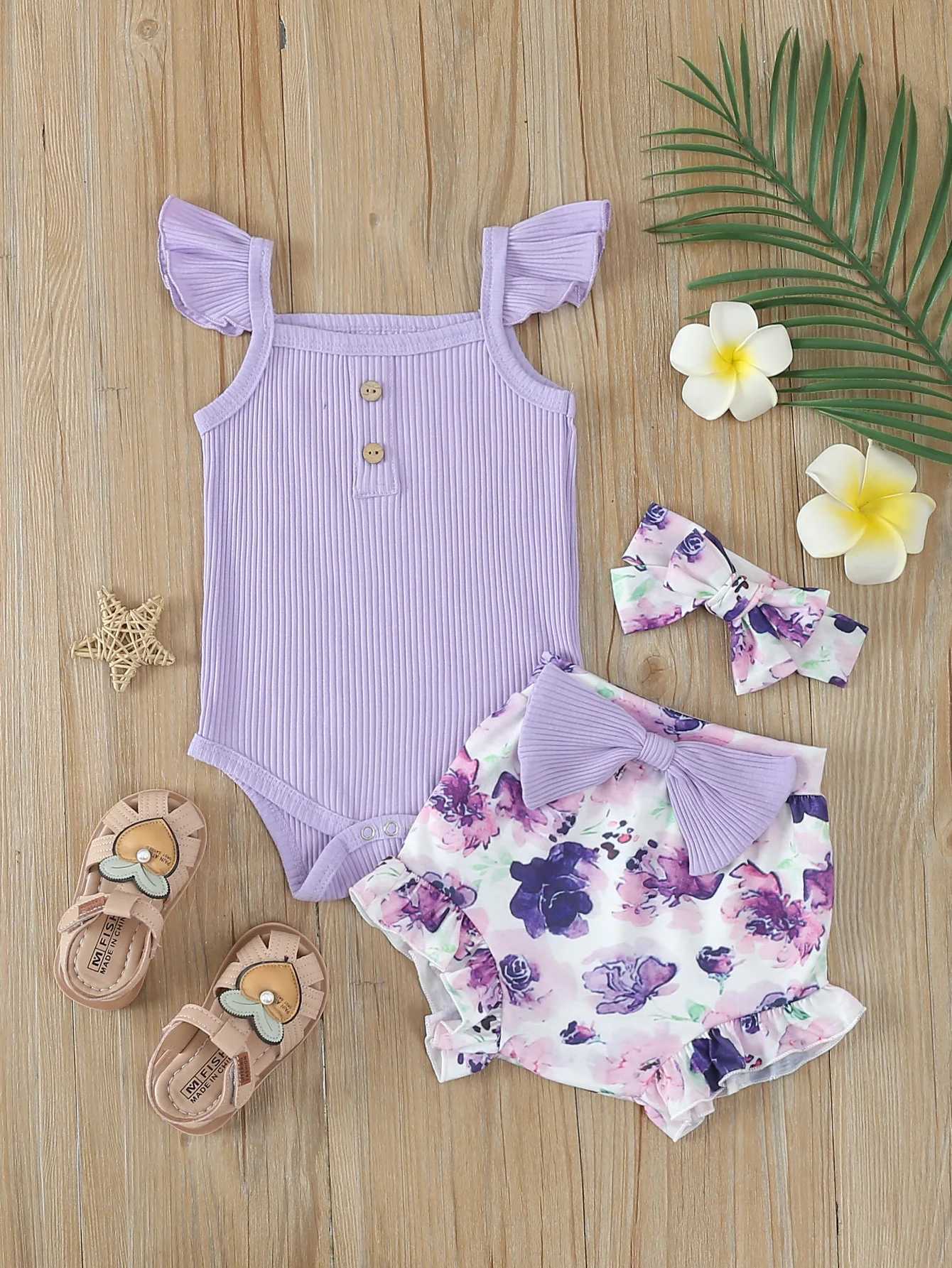 Summer Newborn Baby Girl Clothes Set Sleeveless Bodysuit Printed Shorts 3pcs Clothing Suit Baby Girl Clothes For 0-1Years W250218