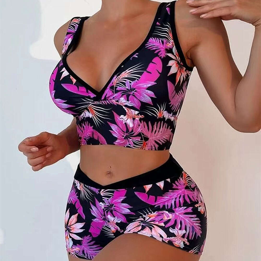 7 Colors European and American Printed V-neck Flat Pants Women's Split Bikini Swimsuit 2025 New Casual Versatile Fashion Clothing