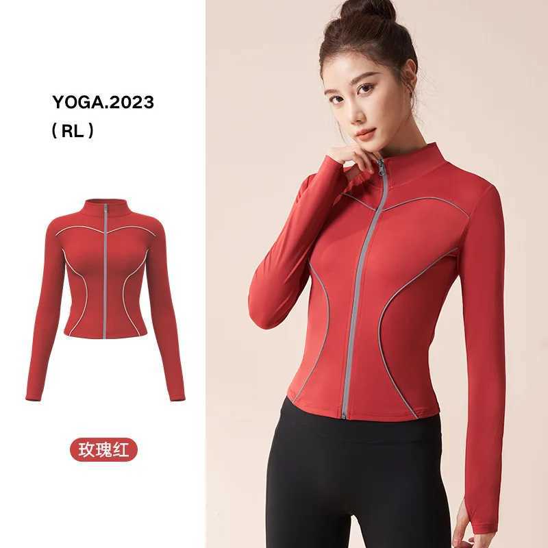 Active Shirts Tees 2023 New Womens Autumn Winter Front Zipper Elastic Tight Slim Sports Jacket Running Training Breathable Gym Top H25218