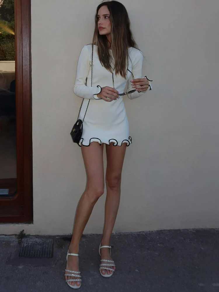 Basic Casual Dresses Fantoye Knitted Sexy Round Neck Ruffles Dress Women Black Long Slve High Waist Dress Female Autumn Slim Elegant Party Clubwear H2