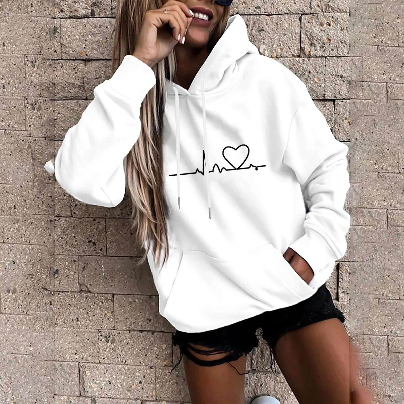 Y2k Ins Heartbeat Sketch Printed Women's Hoodie Long Sleeve Casual Daily Wear 2024 Women Hoodies Fall Winter Sudaderas De Mujer