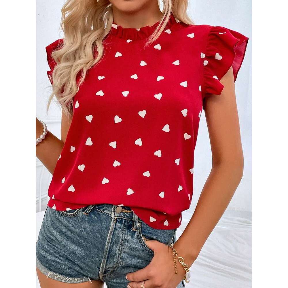 Fashion Chiffon Print Women's Shirt Casual Ruffle Short Sleeve Top Pink Chic Woman Blouse And Shirts Elegant Blouses Summer 2022