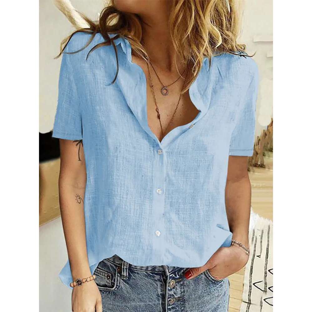Casual Summer Short Sleeve Solid Loose Shirts Women Elegant Vintage Haruku Cotton En Blouses And Tops Oversized Tunic