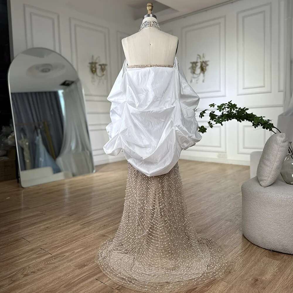 Beaded Saudi Evening Dresses Gowns White Mermaid For Women Evening Party BLA Customized