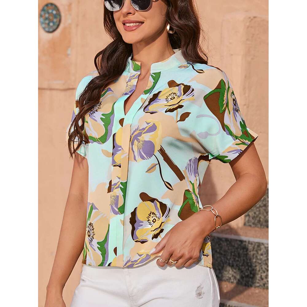 Fashion Retro Wer Print Women Shirts Summer New Casual V -Neck Short Sleeve Blouses Tops