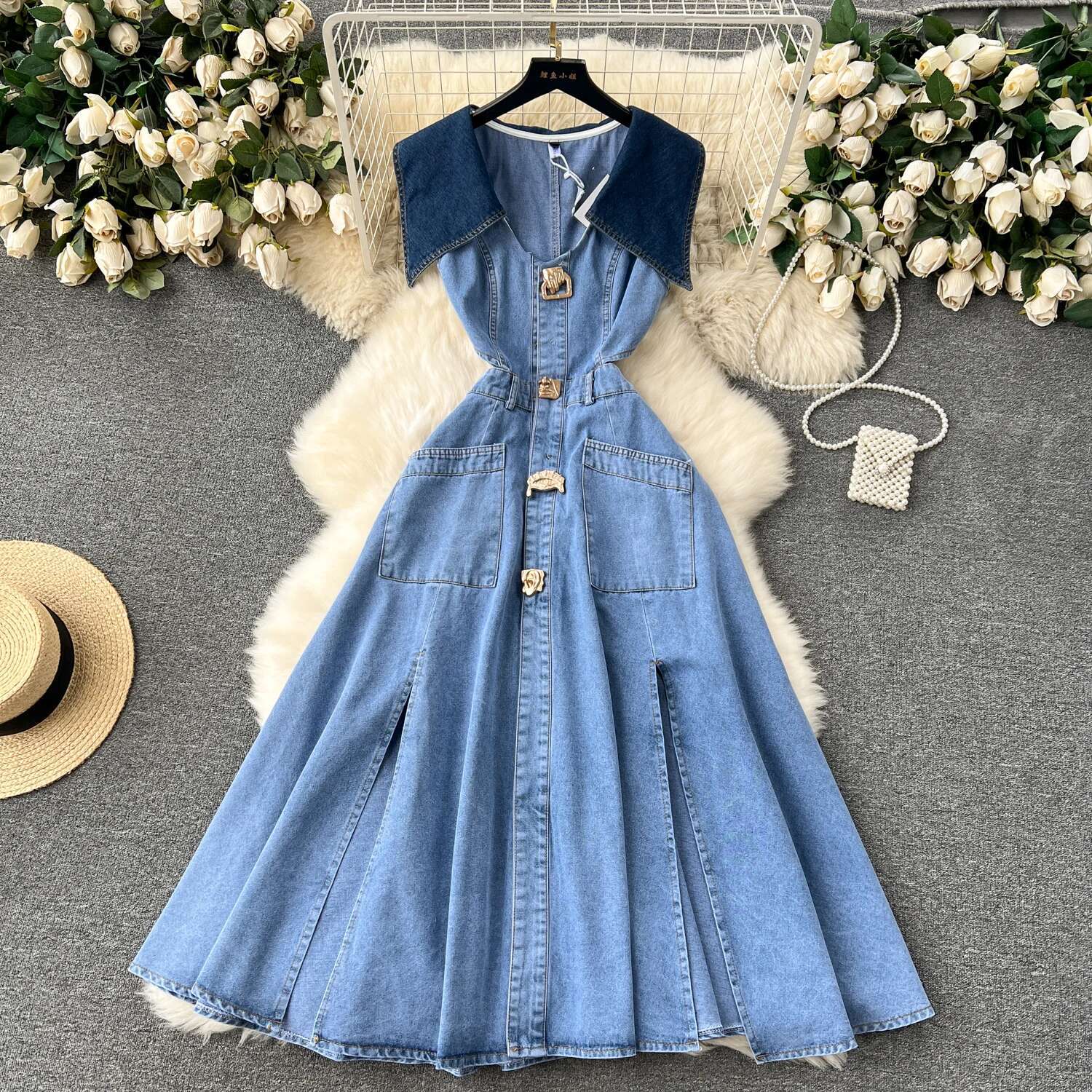 Designer Denim Dress Women Long Dresses Single Breasted Big Turn-Down Collar Waist Slimming Temperament Split A-E Vestidos
