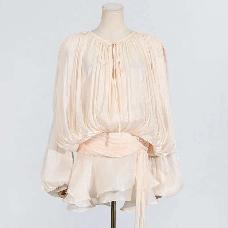 TWOTWINSTYLE Solid Spliced Lace Up Loose Dresses For Women O Neck Long Sleeve High Waist Temperament Dress Female Fashion New