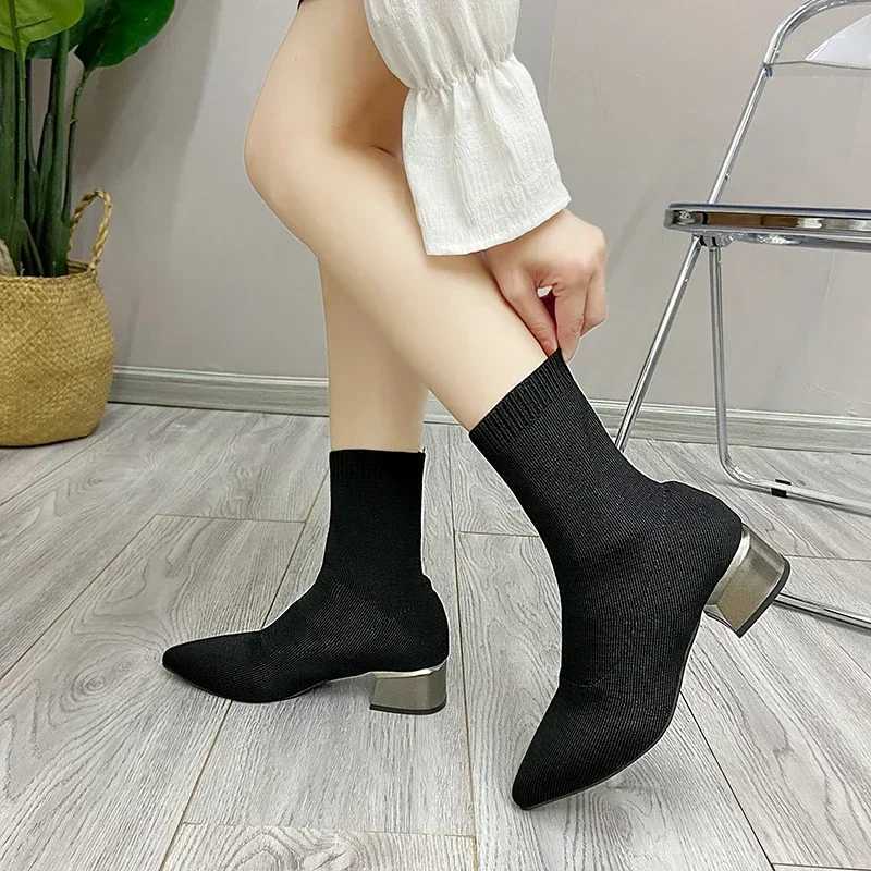Womens Knitted Ankle Boots Pointed Toe Strehy Chunky med Heels Fi Sock Short Botas womens bootsXJ250217