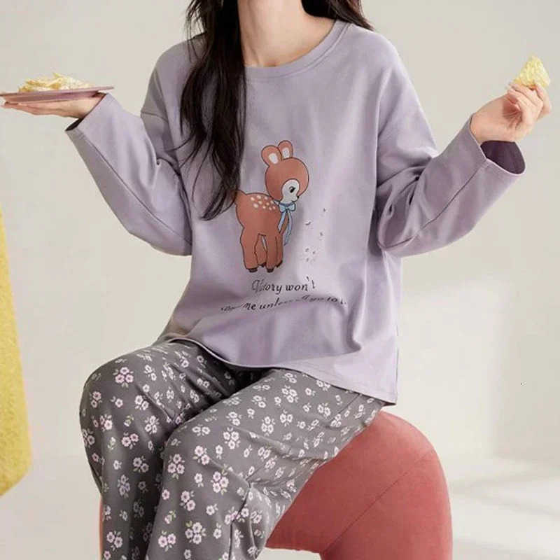 Spring Autumn Women Clothing Cotton Long Sleeves Sleepwear Casual Woman Full Pajamas Sets Pullover Loungewear 2 Pieces Homewear 250213