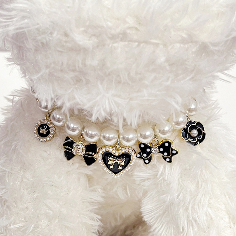 Luxury Dog Pearl Necklace with Love, Bow, Flower, 5 Black Gold Charms, Cat Dog High Quality Pearl Necklacefor for Small Medium Dogs Birthday Gift, Adj