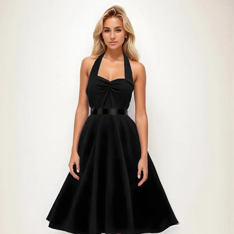 Casual Dresses Halter Neck Pleated Waist Dress Women Long Elegant Lace-up A-line Midi For Retro Cocktail