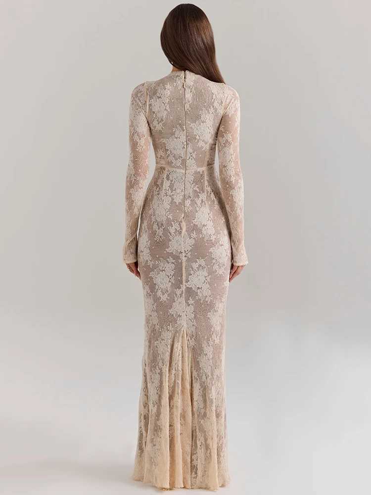 Basic Casual Dresses Fantoye Print Floral Peach Lace Maxi Dress Women Long Slve Round Neck Dress Female Winter Slim Elegant Partywear Vestidos 2024 H2