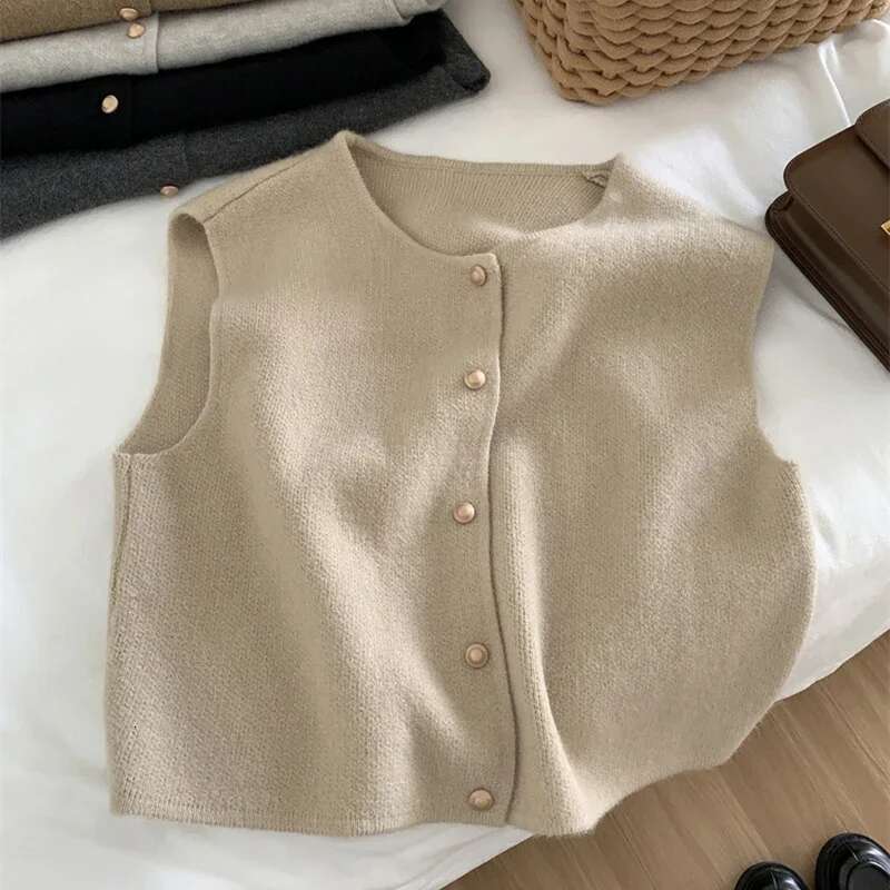 Women Sweater Vest Gold Button Up Waistcoat Soft Knitted Sleeveless Cardigan Jacket Top Fall Winter Korean Ladies Chic Outfit