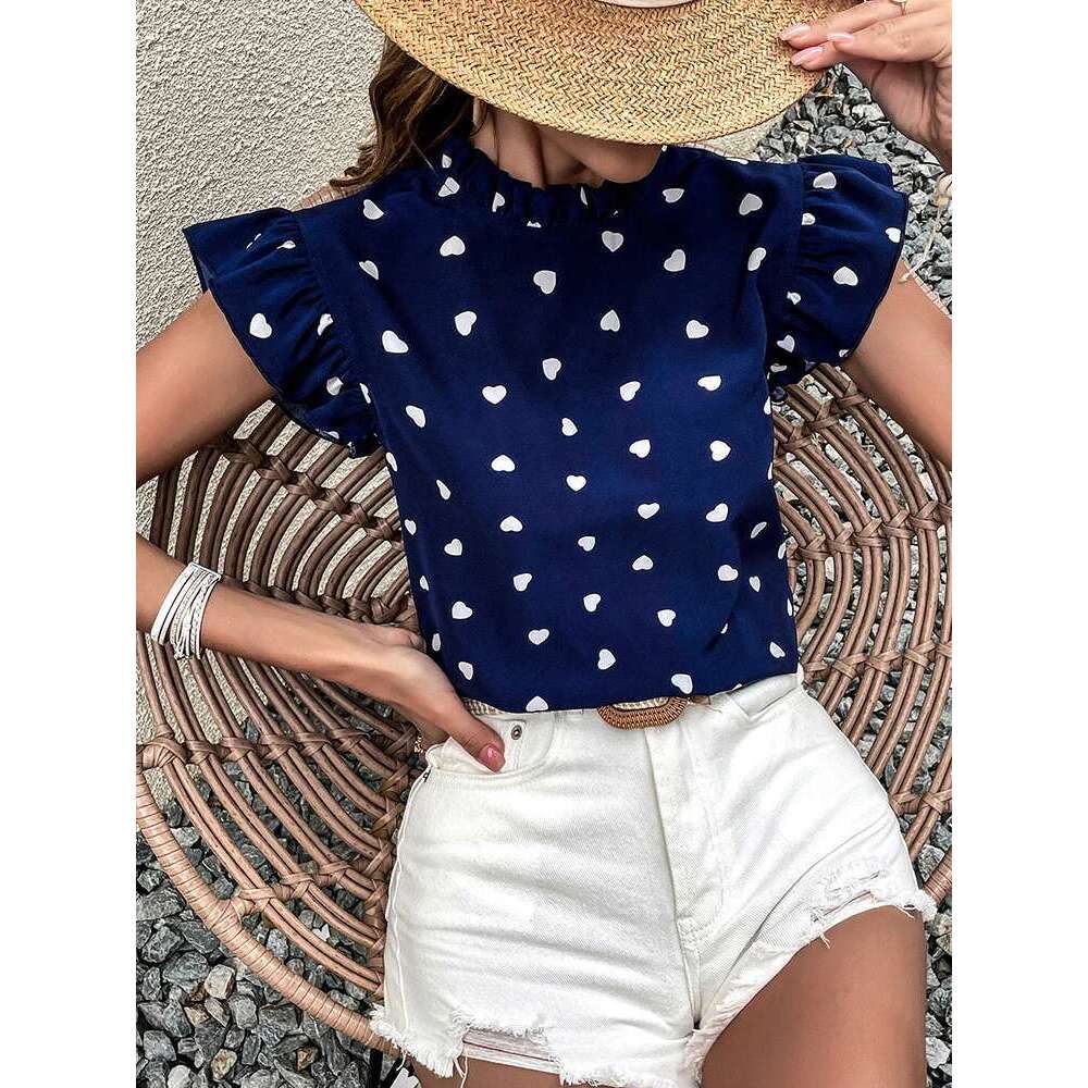 Fashion Chiffon Print Women's Shirt Casual Ruffle Short Sleeve Top Pink Chic Woman Blouse And Shirts Elegant Blouses Summer 2022