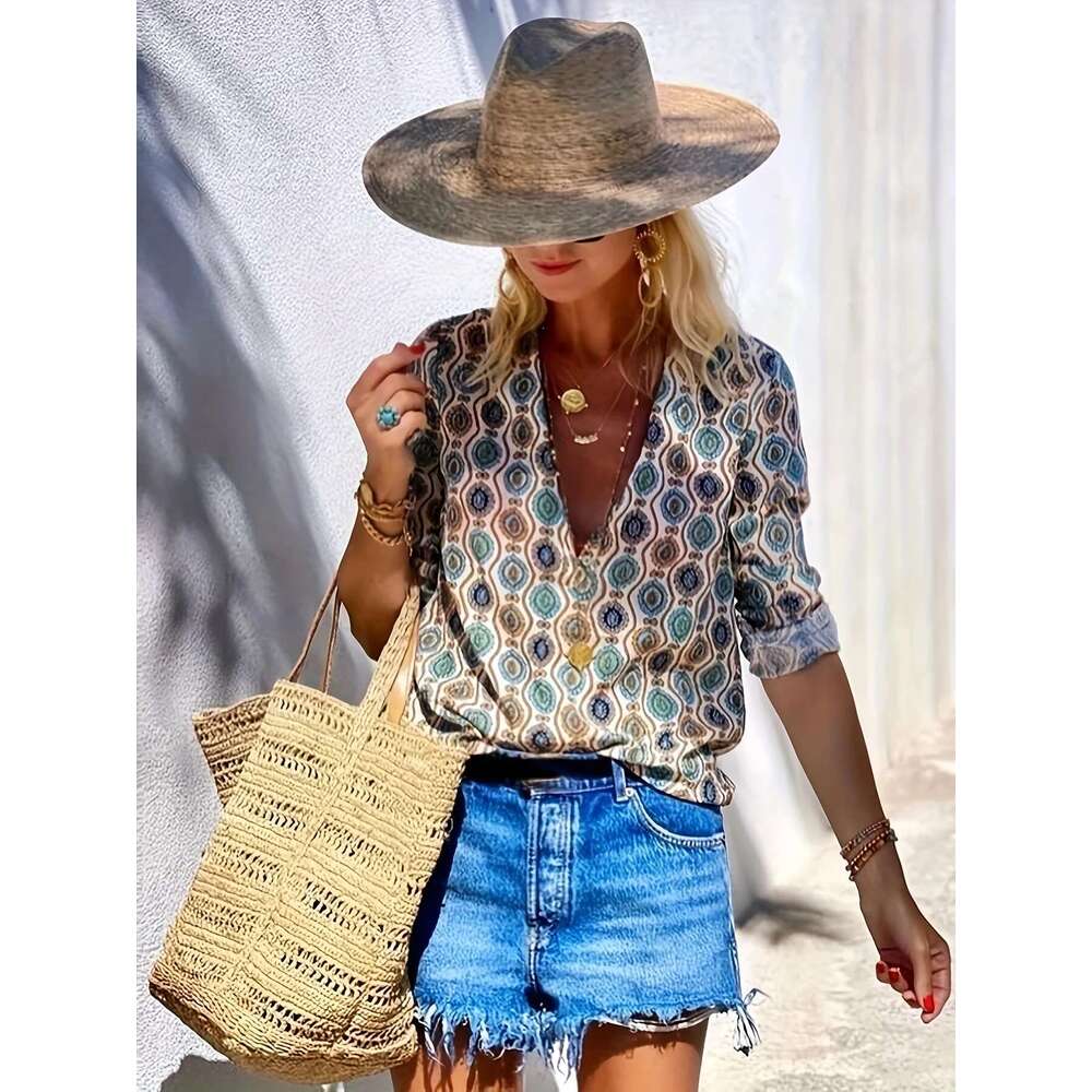 Boho Graphic Print V Blouse, Women's Long Sleeve Cowl Neck Form Fitting Casual Tunic Top Blouse