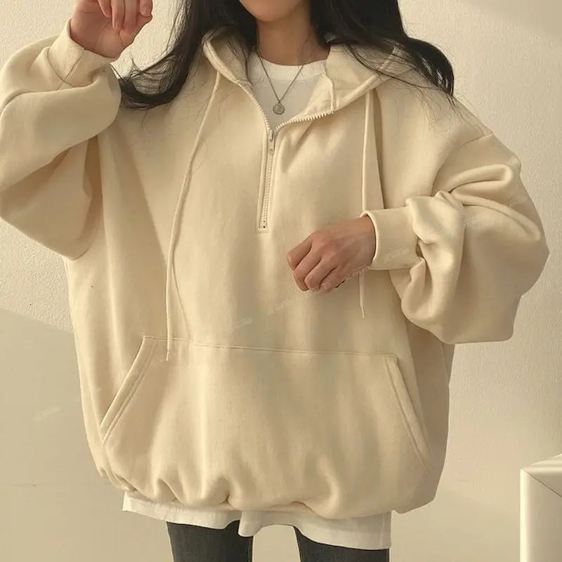 Oversized Hoodie with Zipper for Women Monochrome Sweatshirts Casual Hoodies Essential Female Korean Fashion 250213