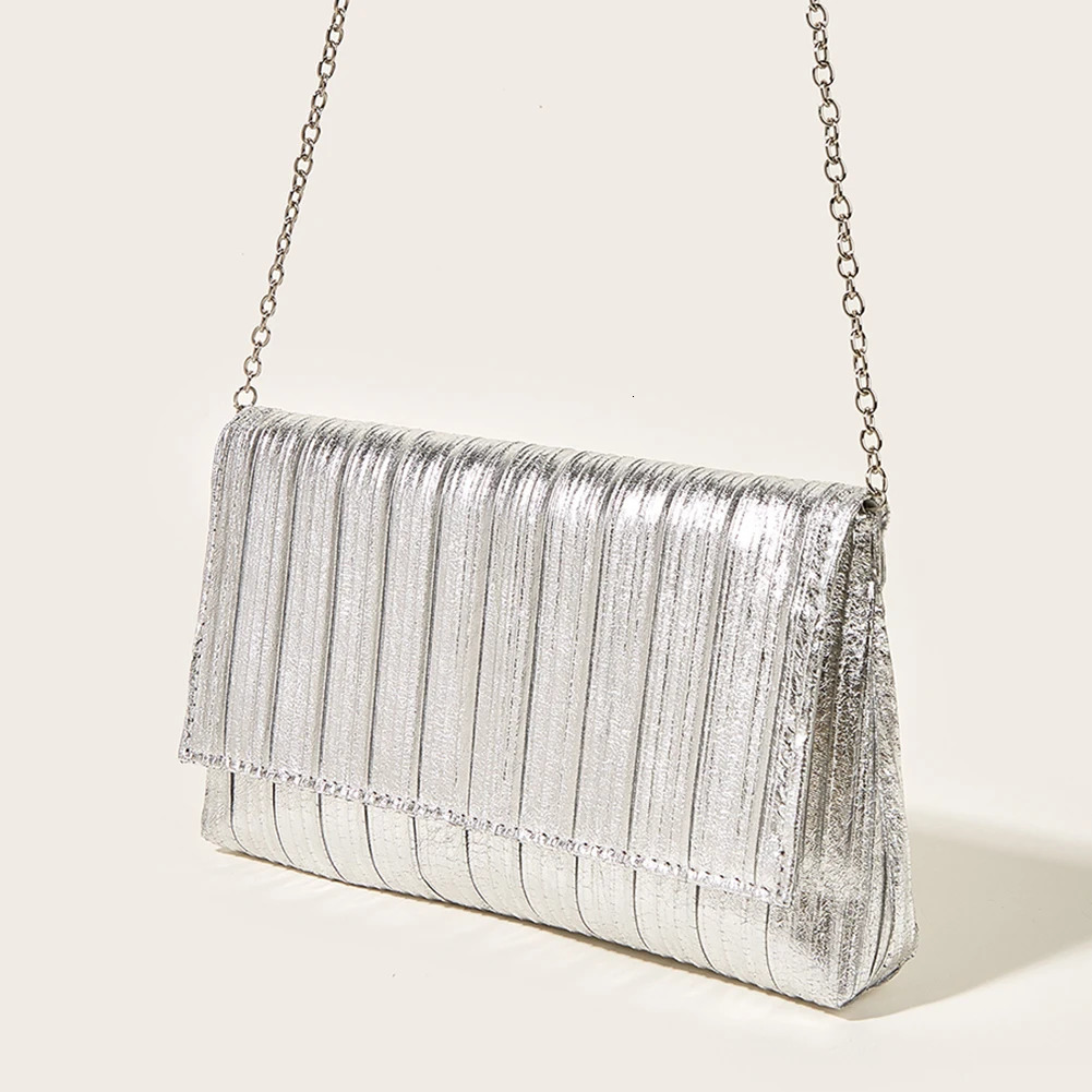 Pleated Metallic PU Clutch Purse Women Evening Bag Flap Envelope Handbag Shiny Hobo Wedding Party Bridal 250213