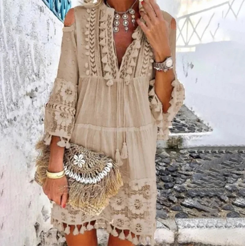 Spring Embroidery Crochet Lace Boho Dress Women Elegant Off Shoulder Tassel Ruffle Mini Dress Summer V Neck Lady Beach Dress 250213
