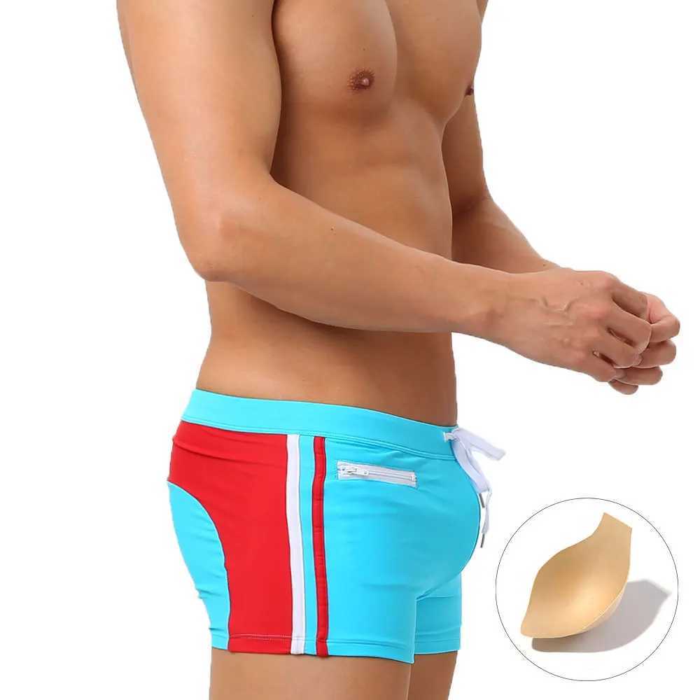 Color matching fashion boxer swimming pants with cup anti-light three-dimensional bag color beach pants boxers M250218