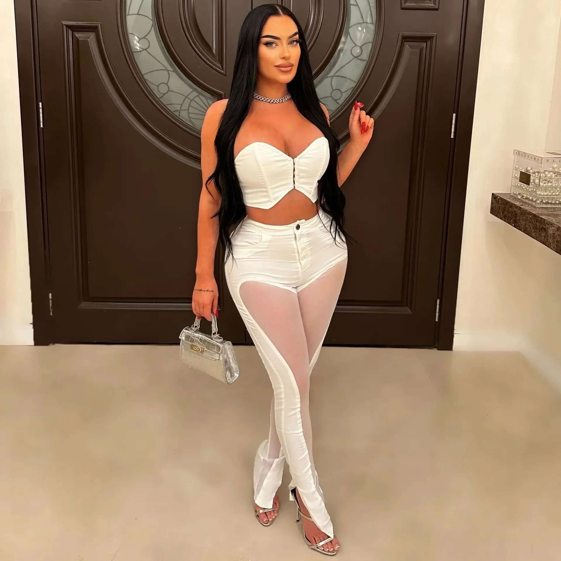 Prowow Sexy Two Piece Women Clothing Set Cropped Tops Mesh Spliced Pant Slim Fit Party Nightclub Wear Suits New Design Outfits