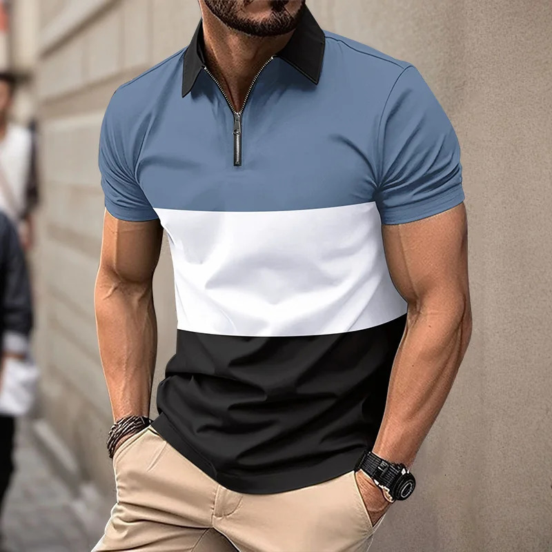 Summer Mens short sleeved Polo shirt 3D striped digital printed polo mens business casual zipper lapel shirt Button top 250217