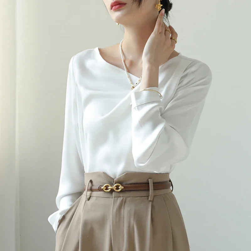 Satin Womens Shirts Silk Solid Casual Blouses Loose SpringSummer Ladies Clothing FASHION Long Sleeves White Tops 250217