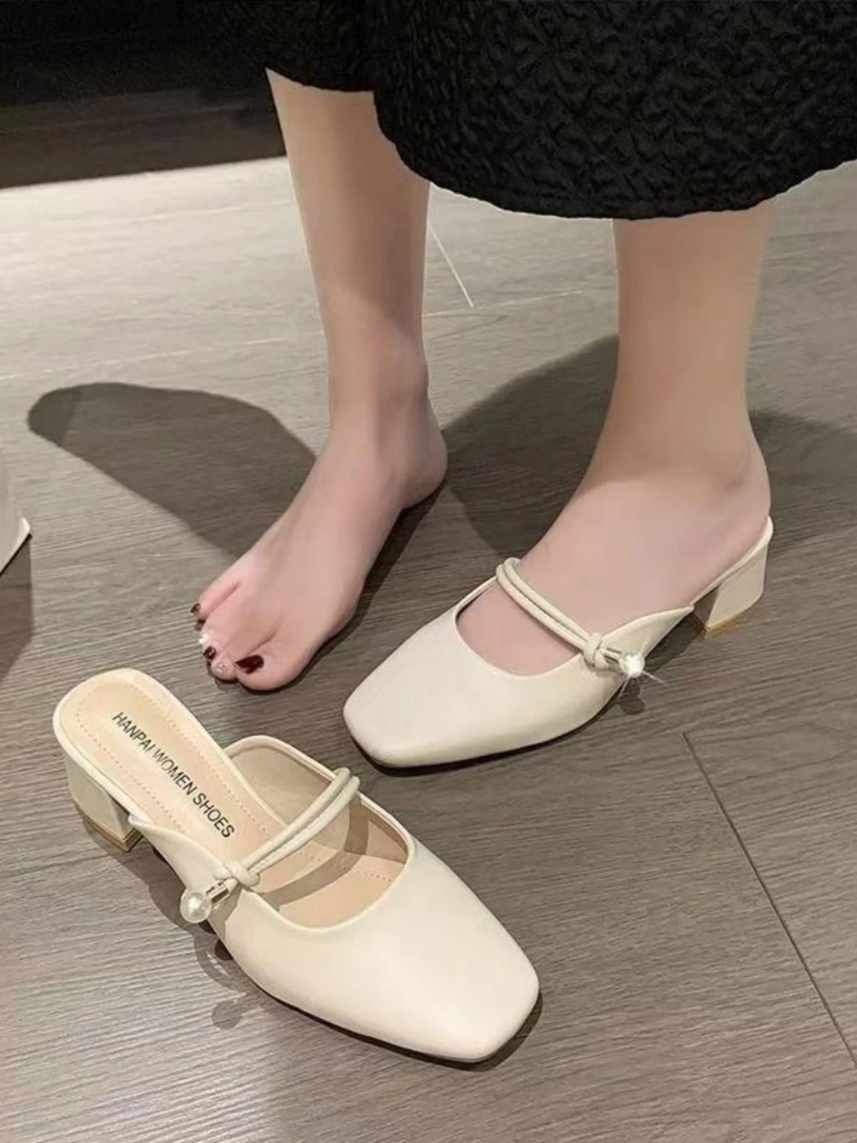 Shoes Womens Slippers Outdoor Med Slides Heeled Mules Loafers Square heel Cover Toe Lady er High Block Girl Fashion 250213