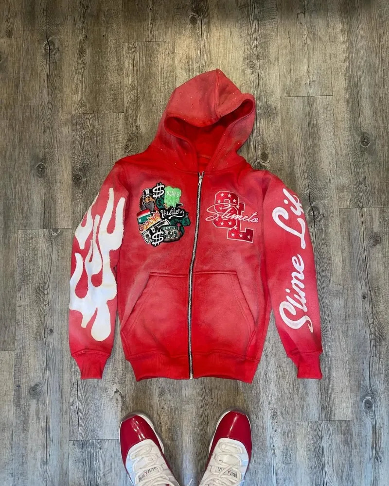 Harajuku Trend Casual Loose Oversized Zipper Hoodie Men Y2k Gothic Retro Letter Flame ed Sweatshirt Jacket Women 250214