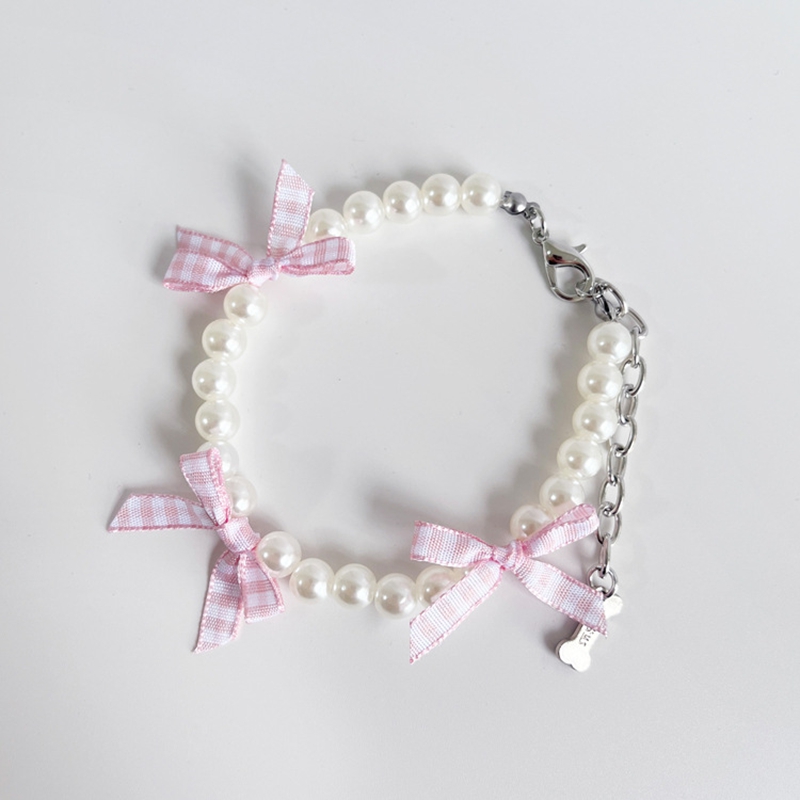 Pearl Dog Necklace with 3 Cute Bows, Cat and Dog Cute Pearl Necklace for Small Medium Dogs Pomeranian, Chihuahua, Pet Neck Decoration, Adjustable Pet 