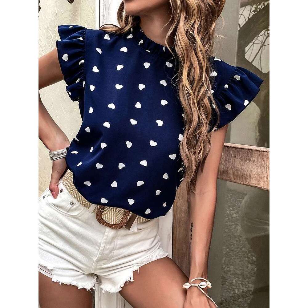 Fashion Chiffon Print Women's Shirt Casual Ruffle Short Sleeve Top Pink Chic Woman Blouse And Shirts Elegant Blouses Summer 2022
